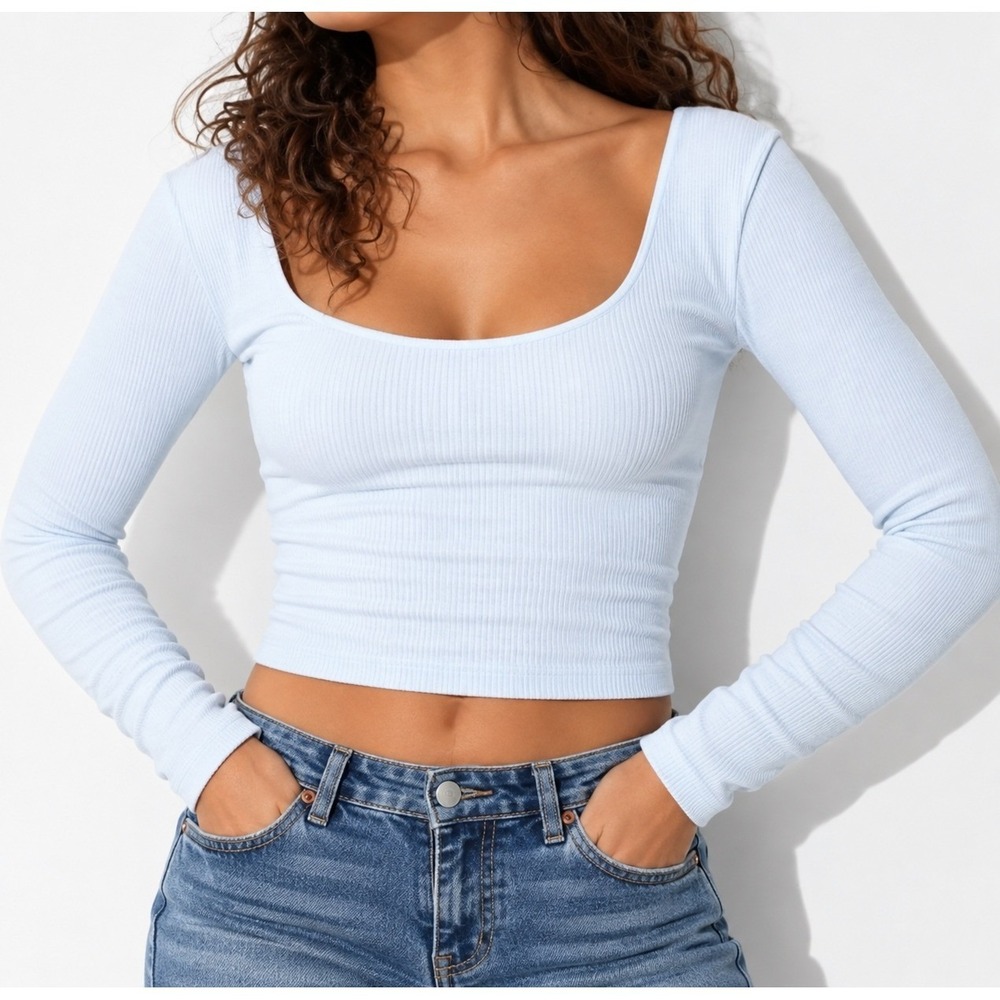 Wild Fable Seamless Scoop Neck Womens L Light Blue Ribbed Cropped Top Balletcor